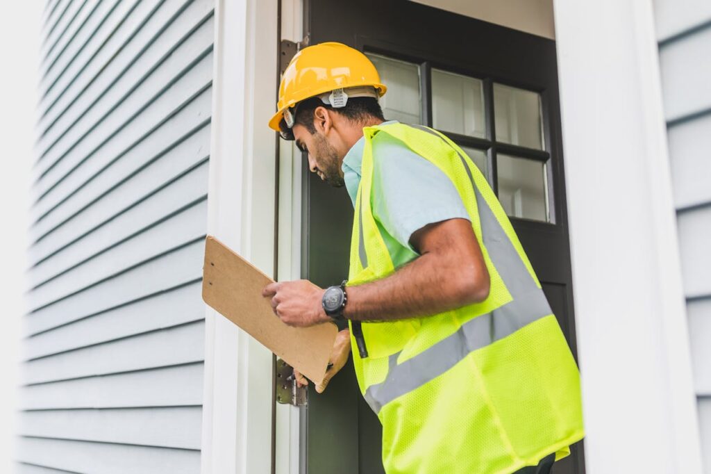 pexels-photo-8293667 A male inspector in a hard hat conducts a property inspection outdoors with a clipboard.
